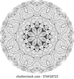 Ray edge mandala tracery wheel mehndi design. Tracery calming ornament. Neat even binary monochrome harmonious doodle texture. Indifferent discreet.  Bracing usable doodling mehndi pattern. Vector.