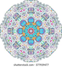 Ray edge mandala tracery wheel mehndi design. Tracery calming ornament. Neat even colorful harmonious doodle texture. Indifferent discreet. Trace bracing usable doodling mehndi pattern. Vector.