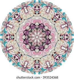 Ray edge mandala tracery wheel mehndi design. Tracery calming ornament. Colorful harmonious doodle texture. Trace bracing usable doodling mehndi pattern. Vector.