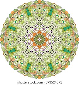 Ray edge mandala tracery wheel mehndi design. Tracery calming ornament. Colorful harmonious doodle texture. Trace bracing usable doodling mehndi pattern. Vector.