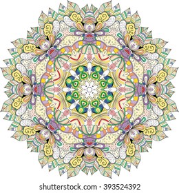 Ray edge mandala tracery wheel mehndi design. Tracery calming ornament. Colorful harmonious doodle texture. Trace bracing usable doodling mehndi pattern. Vector.