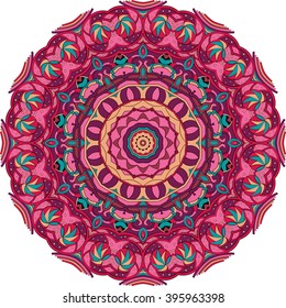 Ray edge mandala tracery wheel mehndi design. Ethnic calming ornament, colorful harmonious doodle texture. Indifferent discreet. Curved doodling mehndi motif. Vector.