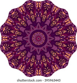 Ray edge mandala tracery wheel mehndi design. Ethnic calming ornament, colorful harmonious doodle texture. Indifferent discreet. Curved doodling mehndi motif. Vector.