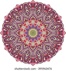 Ray edge mandala tracery wheel mehndi design. Ethnic calming ornament, colorful harmonious doodle texture. Indifferent discreet. Curved doodling mehndi motif. Vector.