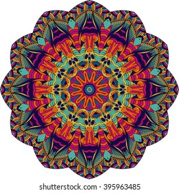 Ray edge mandala tracery wheel mehndi design. Ethnic calming ornament, colorful harmonious doodle texture. Indifferent discreet. Curved doodling mehndi motif. Vector.