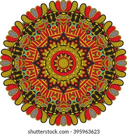 Ray edge mandala tracery wheel mehndi design. Ethnic calming ornament, colorful harmonious doodle texture. Indifferent discreet. Curved doodling mehndi motif. Vector.