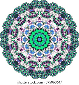 Ray edge mandala tracery wheel mehndi design. Ethnic calming ornament, colorful harmonious doodle texture. Indifferent discreet. Curved doodling mehndi motif. Vector.