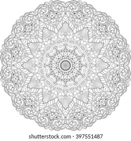 Ray edge mandala tracery wheel mehndi design. Tracery calming ornament. Neat even binary monochrome harmonious doodle texture. Indifferent discreet.  Bracing usable doodling mehndi pattern. Vector.