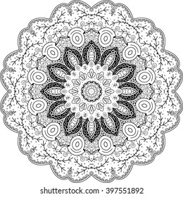 Ray edge mandala tracery wheel mehndi design. Tracery calming ornament. Neat even binary monochrome harmonious doodle texture. Indifferent discreet.  Bracing usable doodling mehndi pattern. Vector.