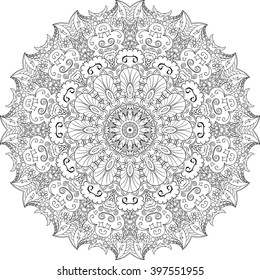 Ray edge mandala tracery wheel mehndi design. Tracery calming ornament. Neat even binary monochrome harmonious doodle texture. Indifferent discreet.  Bracing usable doodling mehndi pattern. Vector.