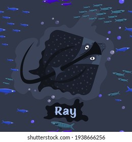 Ray. Endangered fish species. Threatened fish stocks. Save the ocean concept. Editable vector illustration in bright colors. Colorful cartoon flat style.