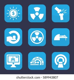 ray icon. Set of 9 filled ray icons such as MRI, x-ray on display, broken leg or arm, radiation
