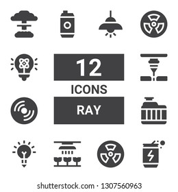 ray icon set. Collection of 12 filled ray icons included Energy drink, Nuclear, Light, Inspiration, Radiator, Compact disc, Laser, Radiation