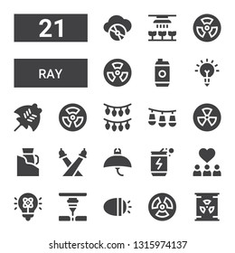 ray icon set. Collection of 21 filled ray icons included Nuclear, Radiation, Lights, Laser, Light, Inspiration, Energy drink, Manta ray, Compact disc