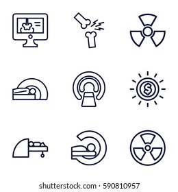 ray icons set. Set of 9 ray outline icons such as MRI, x-ray on display, broken leg or arm, radiation