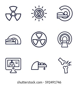 Ray Icons Set. Set Of 9 Ray Outline Icons Such As MRI, X-ray On Display, Broken Leg Or Arm, Radiation