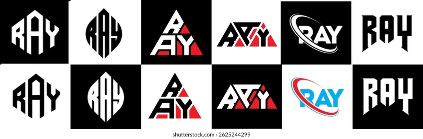 RAY letter logo design in six style. RAY polygon, circle, triangle, hexagon, flat and simple style with black and white color variation letter logo set in one artboard. RAY minimalist and classic logo