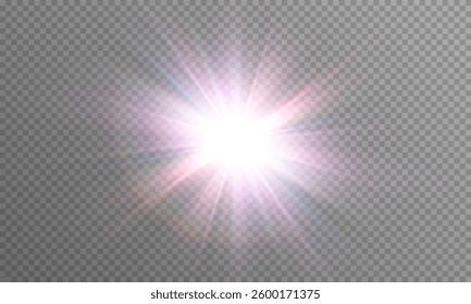 Ray of light, sun shining with rainbow red, yellow and blue colors. Vector lenses, diffusing glare, reflection. Sparkling shine. Sunlight, minimalist design.