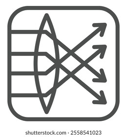 Ray paths in convex lens line icon, optical equipment concept. Vector graphics. Focus, lens and arrows in square sign on white background, outline style icon for mobile or web design