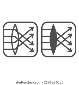 Ray paths in convex lens line and solid icon, optical equipment concept. Vector graphics. Focus, lens and arrows in square sign on white background, outline style icon for mobile or web design