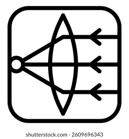 Ray paths in convex lens line icon, optical equipment concept. Vector graphics. Selective focus square sign on white background, style mobile or design.