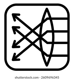 Ray paths in convex lens line icon, optical equipment concept. Vector graphics. Focus, lens and arrows in square sign on white background, style mobile or design