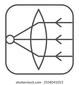 Ray paths in convex lens thin line icon, optical equipment concept. Vector graphics. Selective focus square sign on white background, outline style icon for mobile or web design.