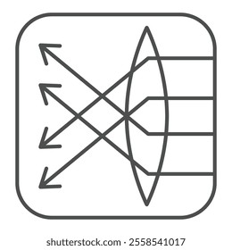 Ray paths in convex lens thin line icon, optical equipment concept. Vector graphics. Focus, lens and arrows in square sign on white background, outline style icon for mobile or web design