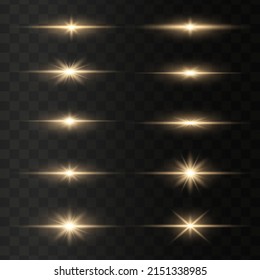 Ray shining border. Set of bright gold flashes, lights and sparks on a transparent background. Abstract flash with glowing line, sunrise, shining golden stars.Vector illustration