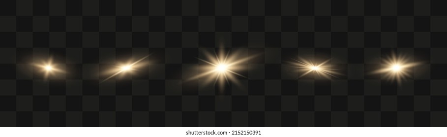 Ray shining border. Set of bright gold flashes, lights and sparks on a transparent background. Abstract flash with glowing line, sunrise, shining golden stars. Vector illustration