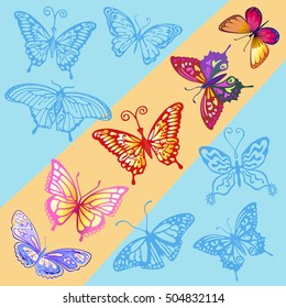 A ray of sun in the blue sky & colored butterfly logo set, vector illustration isolated on background