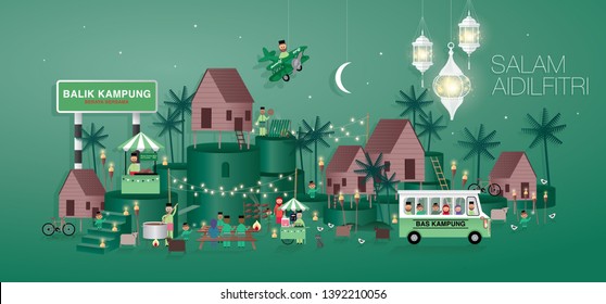 raya greeting template vector/illustration with malay words that mean 'go home to celebrate' and 'blessed aidilfitri' and 'village bus'