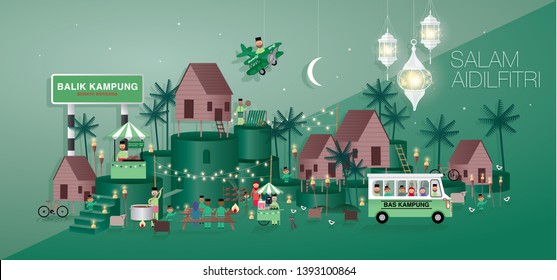 raya greetings template vector/illustration with malay words that mean 'going home', 'village bus', blessed aidilfitri'