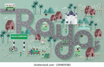 raya greetings template vector/illustration with malay words that mean 'village bus', 'go home to celebrate raya'