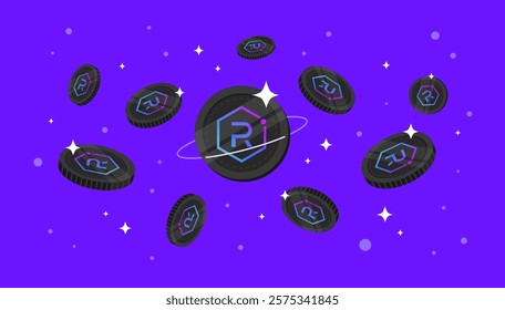 Raydium (RAY) coins falling from the sky. RAY cryptocurrency concept banner background.