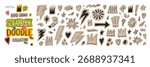 rayon drawn scrapbook doodle collection. Hand drawn scribbles for collages. Crayon drawn lightnings, crowns, stars and arrows. Rock and roll punk stickers for scrapbook design collages.