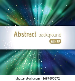 Rays background with place for text. Abstract motion blur background with power explosion. Vector illustration. Blue, green colors.