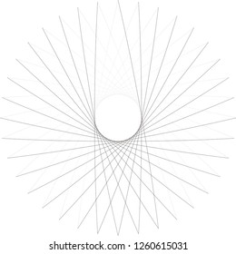 Rays, beams element. Sunburst, starburst shape on white. Radiating, radial, merging lines. Abstract circular geometric shape.