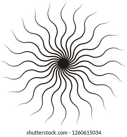 Rays, beams element. Sunburst, starburst shape on white. Radiating, radial, merging lines. Abstract circular geometric shape.