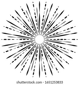 Rays, beams element. Sunburst, starburst shape on white. Radiating, radial, merging lines. Abstract circular geometric shape. Vintage sun burst design element