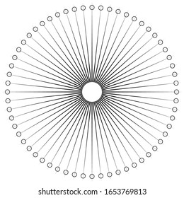 Rays, beams element. Sunburst, starburst shape on white. Radiating, radial, merging lines. Abstract circular geometric shape. Vintage sun burst design element