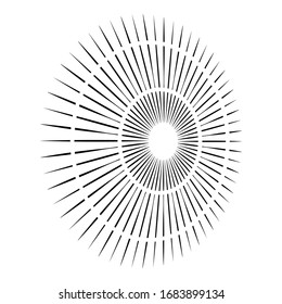 Rays, beams element. Sunburst, starburst shape on white. Radiating, radial, merging lines. Abstract circular geometric shape. Vintage sun burst design element