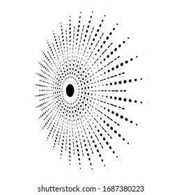 Rays, beams element. Sunburst, starburst shape on white. Radiating, radial, merging lines. Abstract circular geometric shape. Vintage sun burst design element
