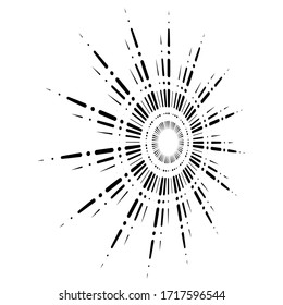 Rays, beams element. Sunburst, starburst shape on white. Radiating, radial, merging lines. Abstract circular geometric shape. Vintage sun burst design element