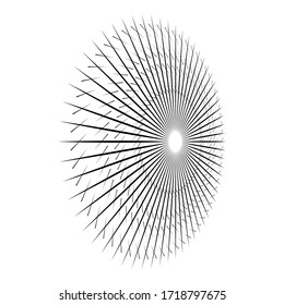 Rays, beams element. Sunburst, starburst shape on white. Radiating, radial, merging lines. Abstract circular geometric shape. Vintage sun burst design element