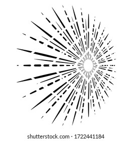 Rays, beams element. Sunburst, starburst shape on white. Radiating, radial, merging lines. Abstract circular geometric shape. Vintage sun burst design element