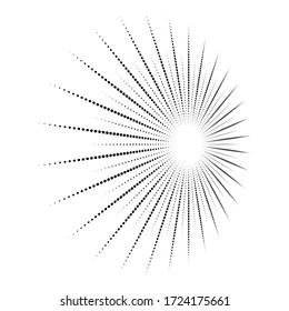 Rays, beams element. Sunburst, starburst shape on white. Radiating, radial, merging lines. Abstract circular geometric shape. Vintage sun burst design element