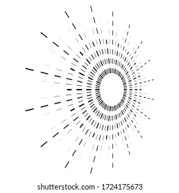 Rays, beams element. Sunburst, starburst shape on white. Radiating, radial, merging lines. Abstract circular geometric shape. Vintage sun burst design element
