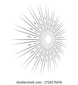Rays, beams element. Sunburst, starburst shape on white. Radiating, radial, merging lines. Abstract circular geometric shape. Vintage sun burst design element
