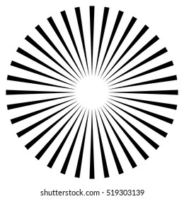 Rays, beams element. Sunburst, starburst shape on white. Radiating, radial, merging lines. Abstract circular geometric shape.